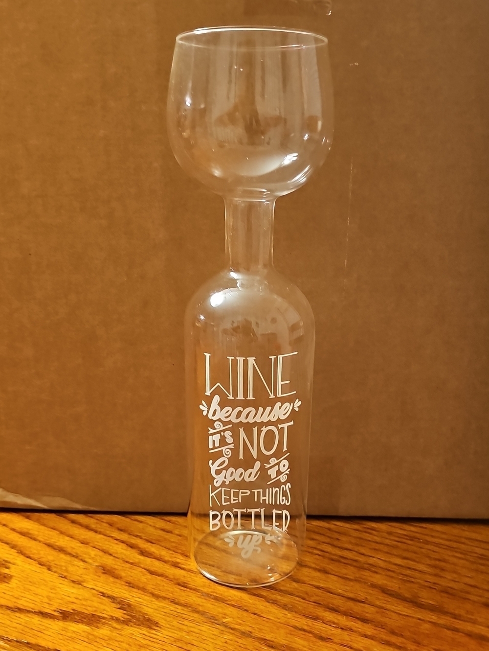 Unique Clear Glass Wine Bottle & Glass Combo with White Script